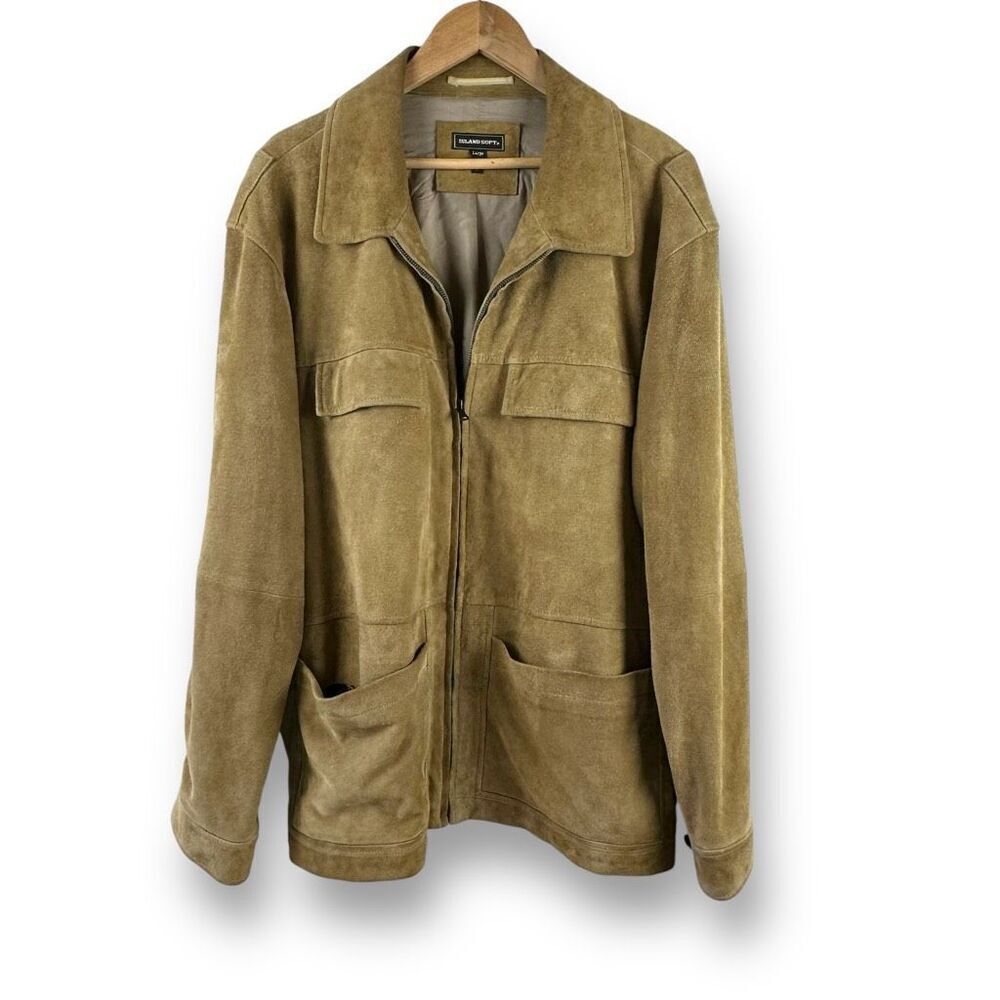 Island Soft Men's L Zip Up Suede‎ Leather Jacket Camel Tan Southwestern Classic
